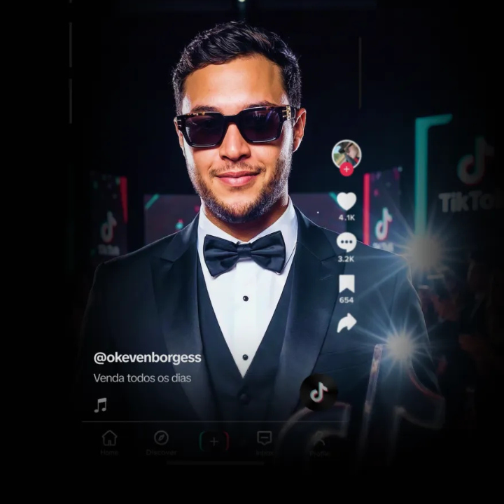 Pessoa segurando celular com TikTok Shop e gráfico de crescimento de vendas